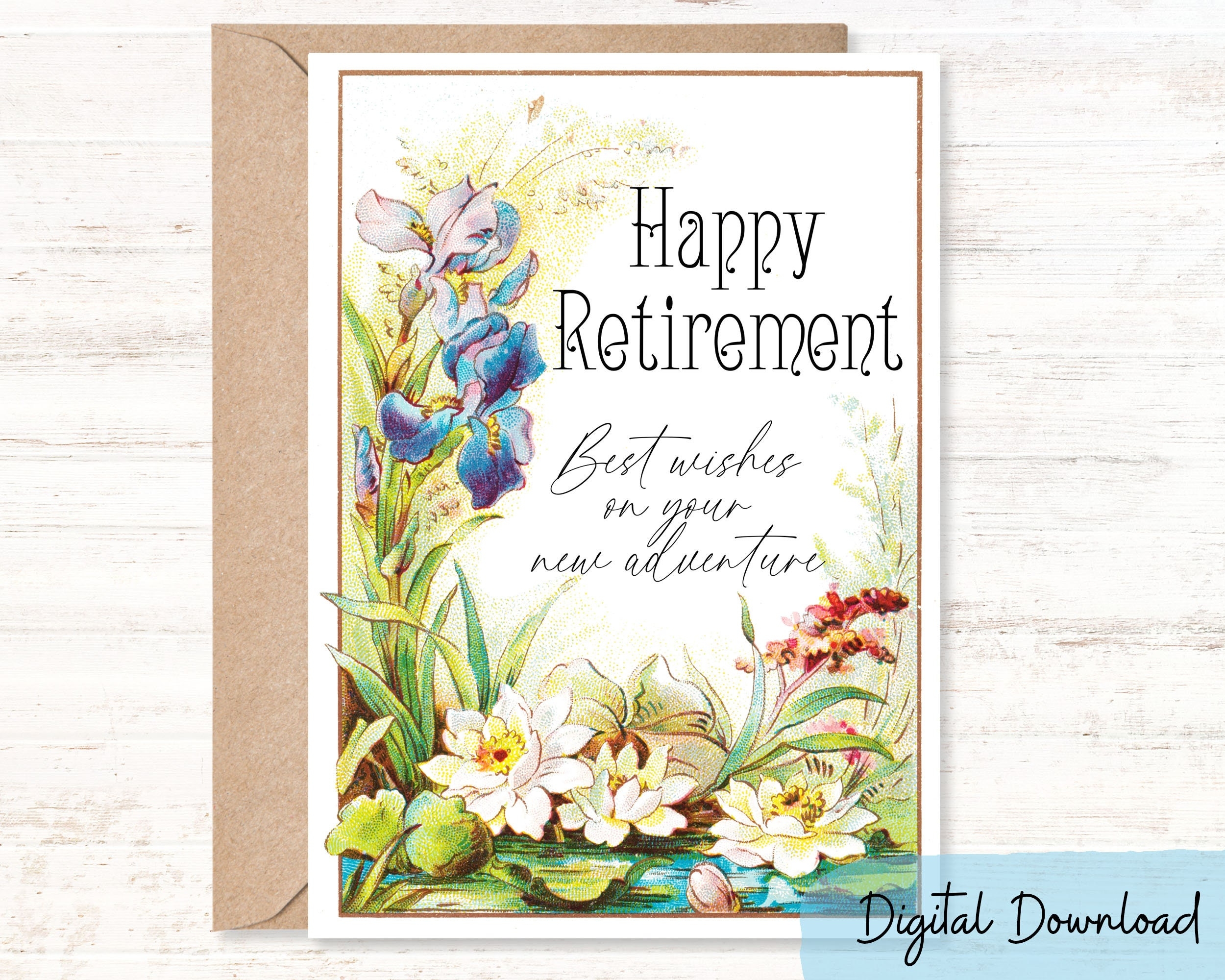 Printable Vintage Floral Style Retirement Card sizes 5x7 A2 Digital Download Etsy