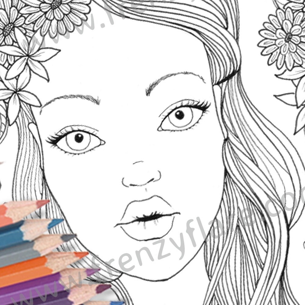 Printed Coloring Pages For Adults Or Kids Beautiful Girl With Wild Flowers To Color With Pencils Or Markers Bohemian Wall Art Doll Face Etsy
