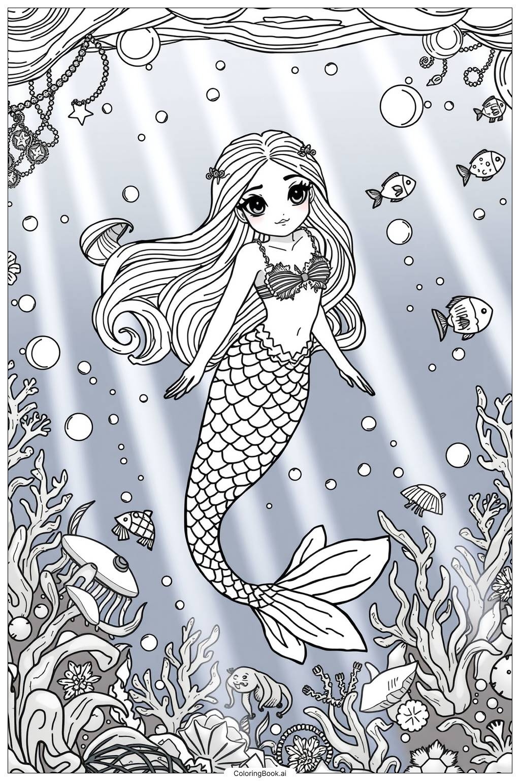 Rainbow Mermaid Fantasy Coloring Page Free PDF PNG Printable 