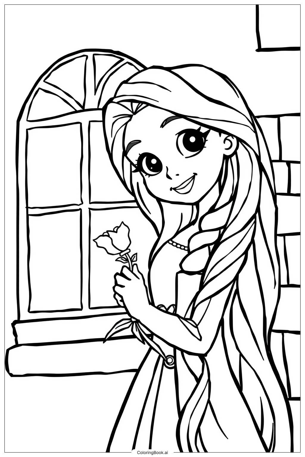 Rapunzel Holding A Flower Coloring Page Free PDF PNG Printable 