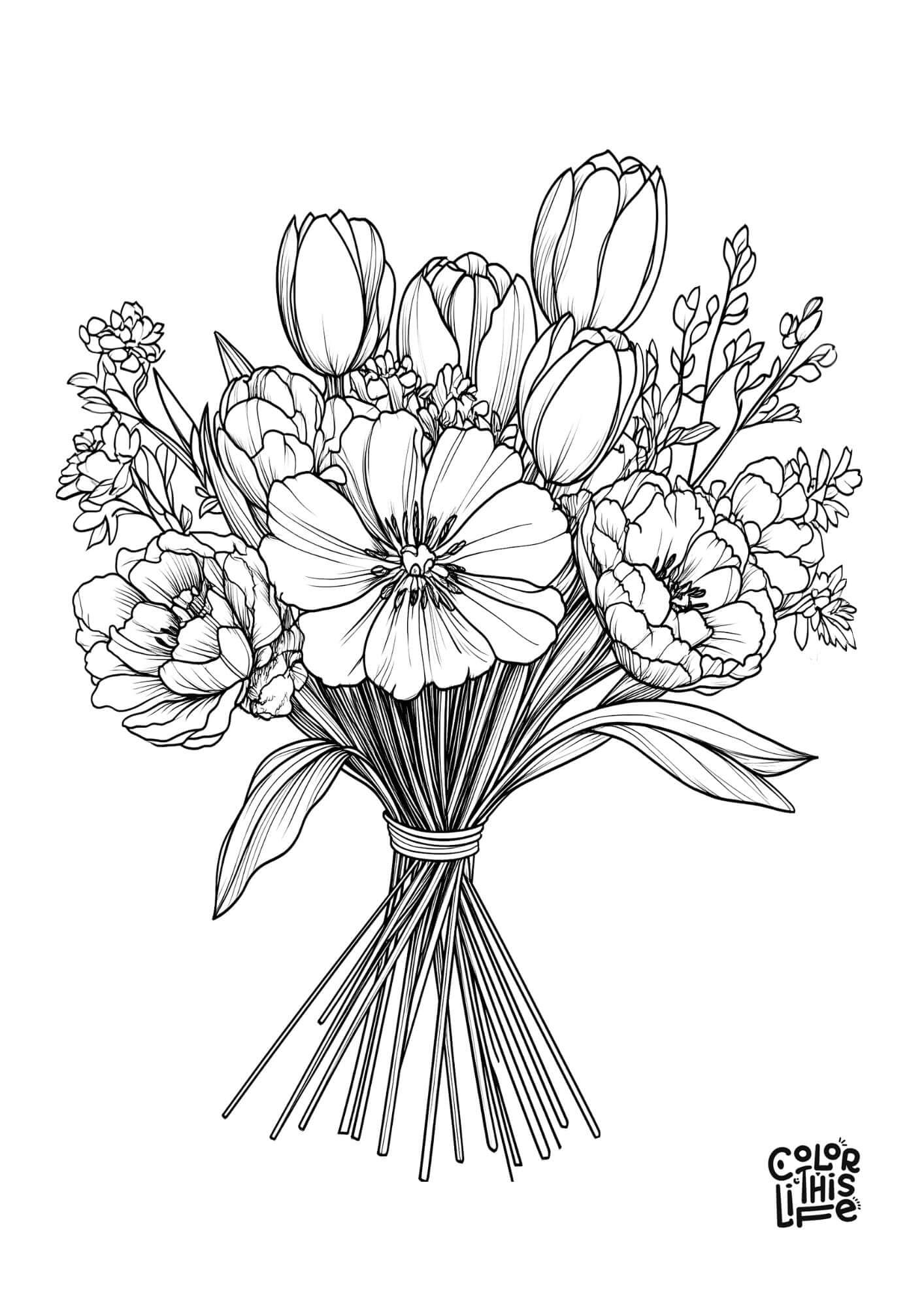 Realistic Bouquet Of Spring Flowers Coloring Page Color This Life