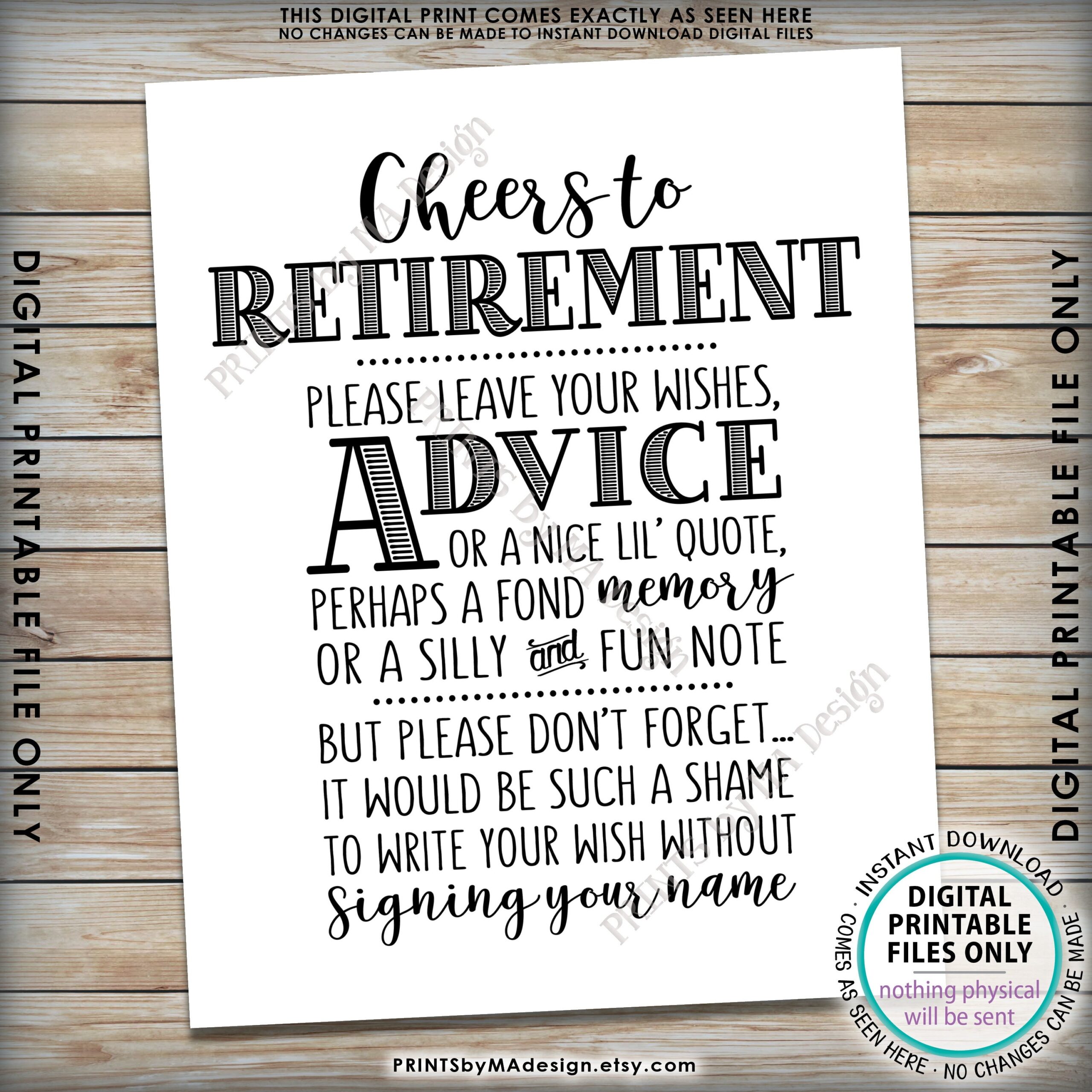 Retirement Party Decor Cheers To Retirement Advice Wish Memory Well Wishes Digital PRINTABLE 8x10 Sign 8 5x11 Sheet Of 3 Cards