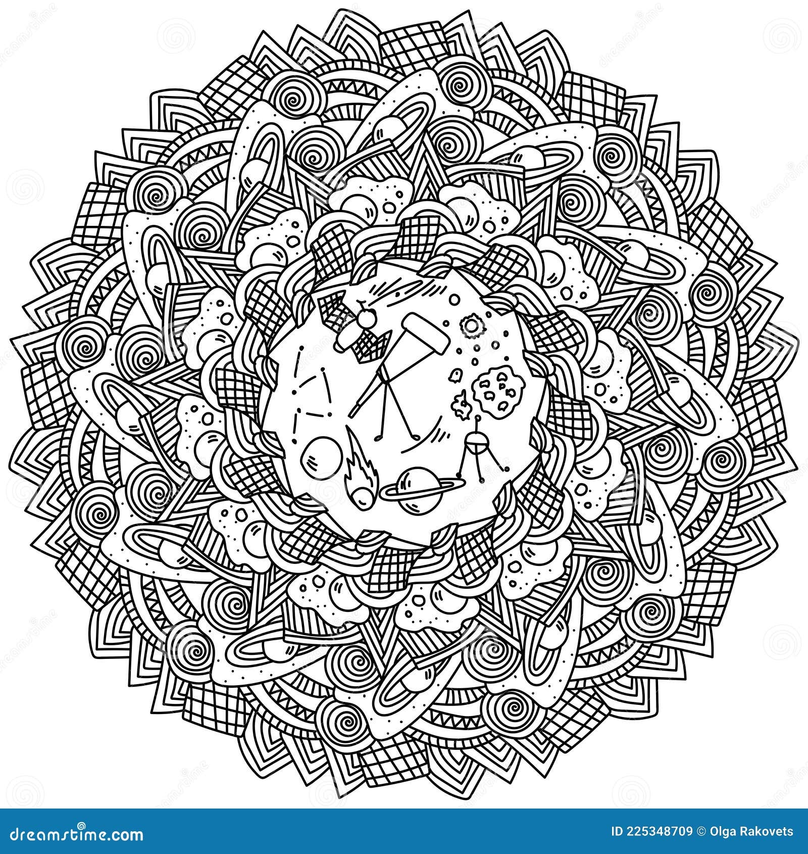 Science Mandala About Astronomy Outer Space And Space Phenomena Ornate Coloring Page Stock Vector Illustration Of Book Outline 225348709