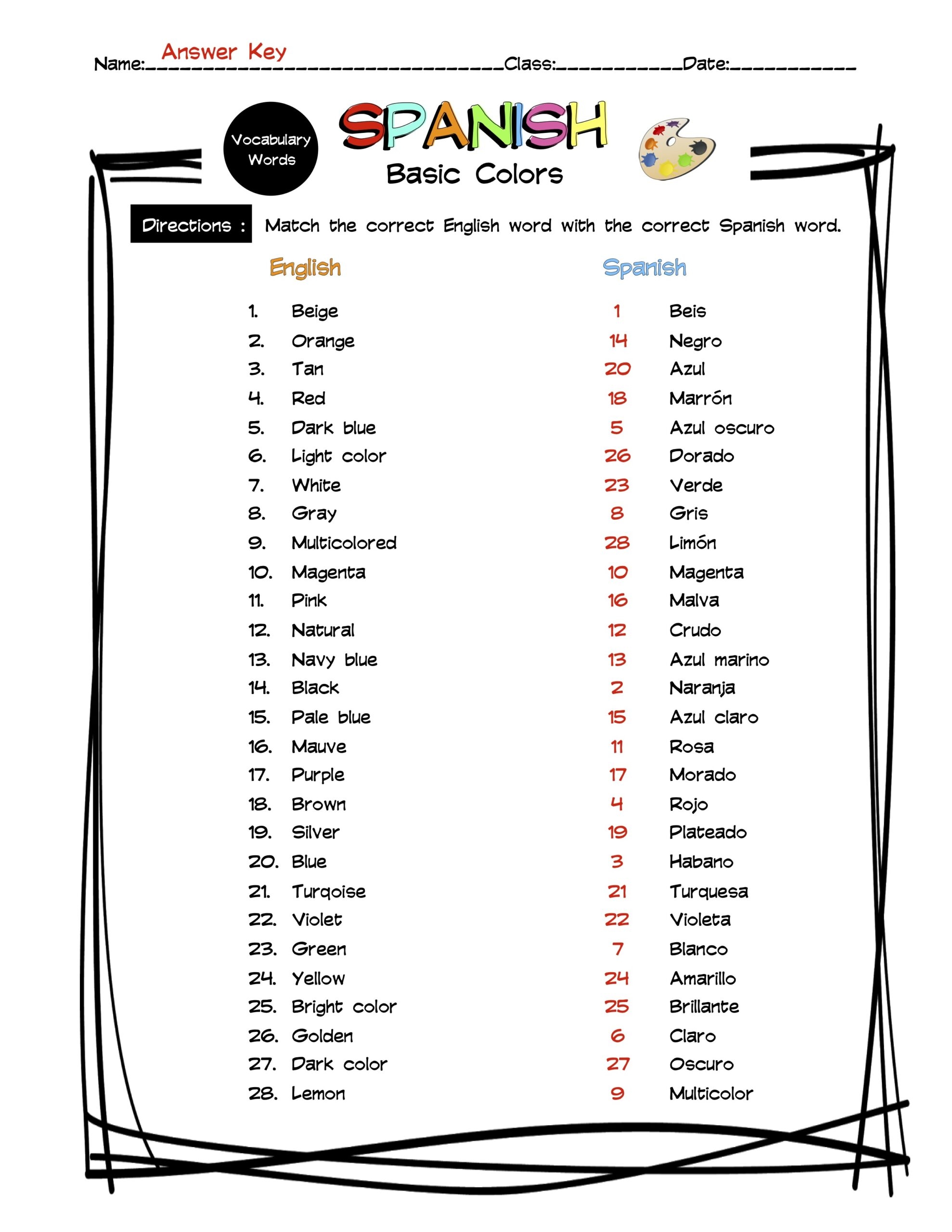Spanish Colors Vocabulary Matching Worksheet Answer Key Made By Teachers