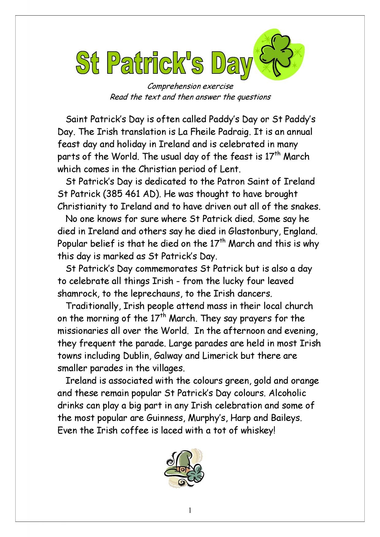 St Patrick’s Day Reading Comprehension Worksheets Pdf