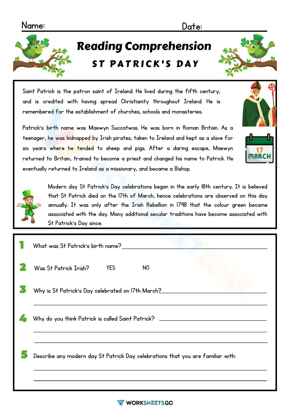 st patrick's day reading comprehension worksheets pdf