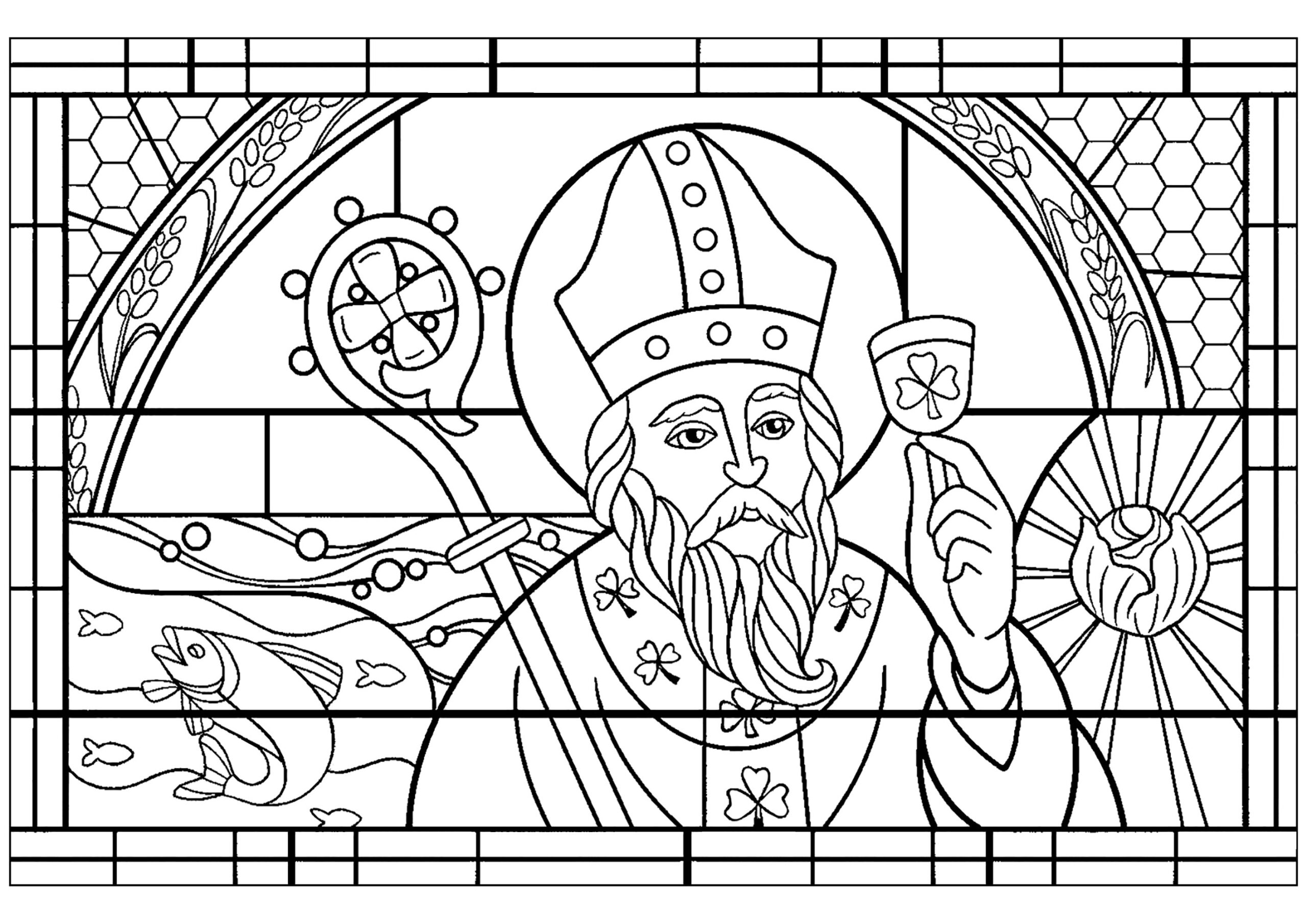 Stained Glass Window Depicting Saint Patrick St Patrick s Day Coloring Pages