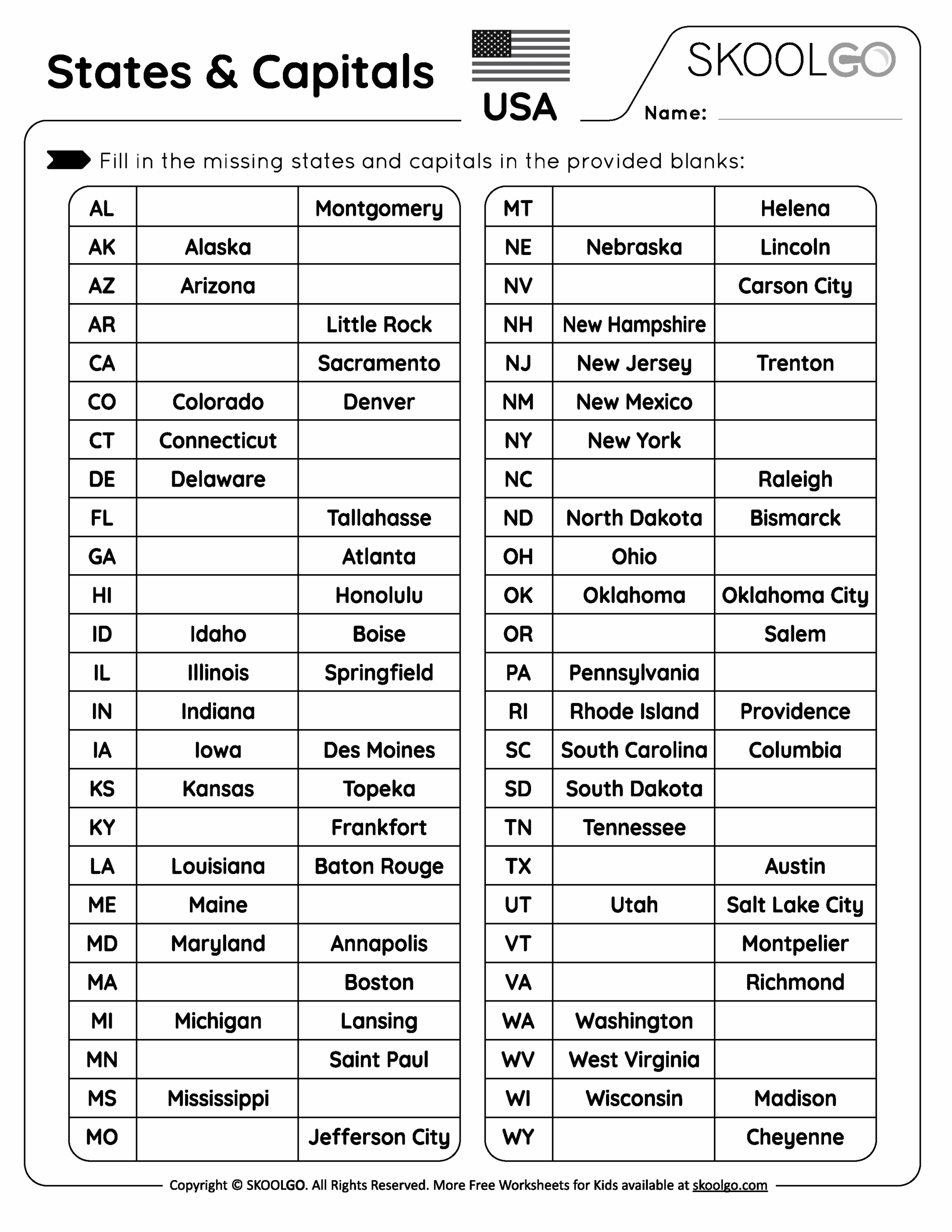 Free Printable States And Capitals Worksheets