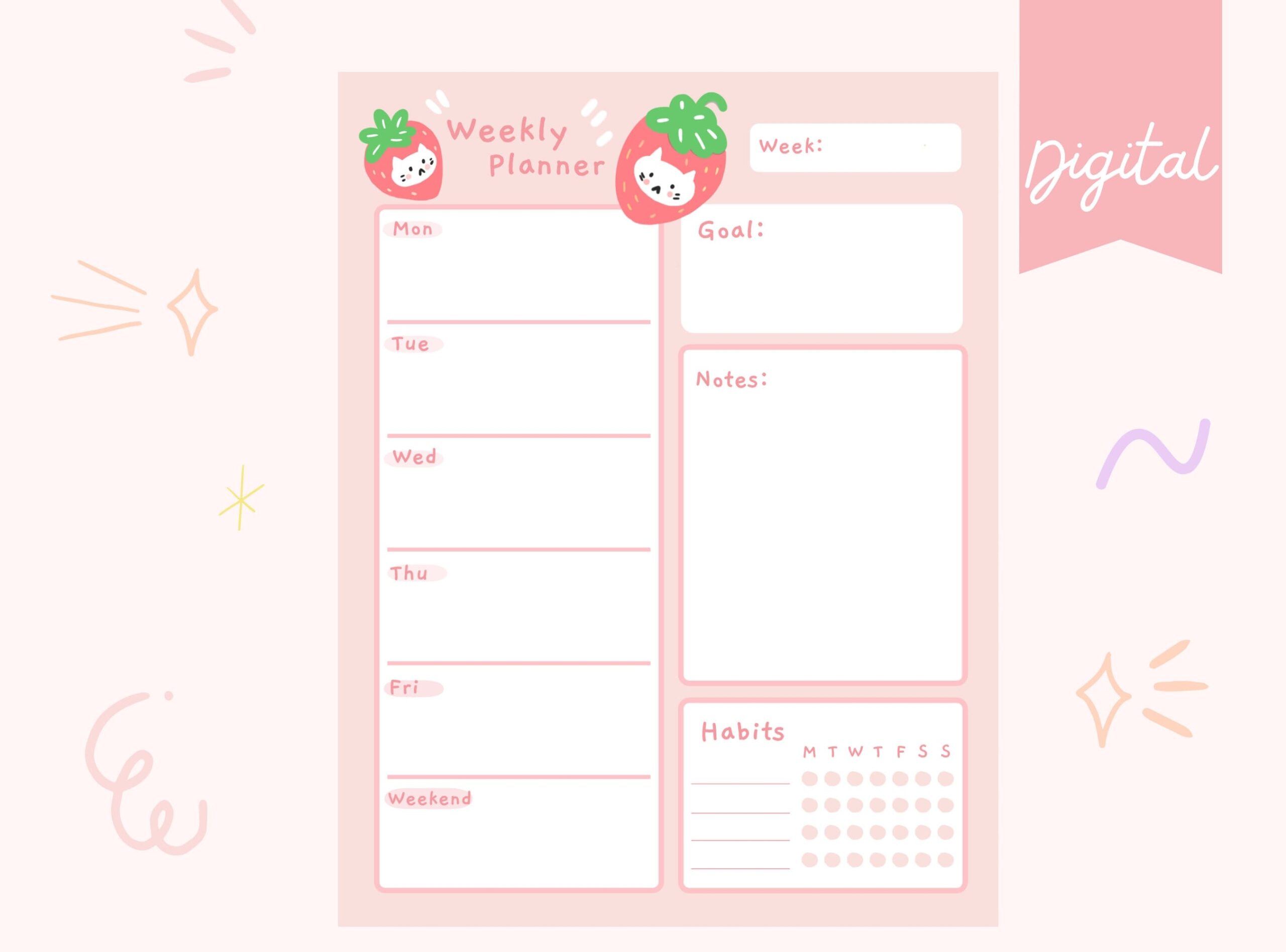 Strawberry Weekly Planner Printable Download And Print At Home Cute Weekly Planner Etsy