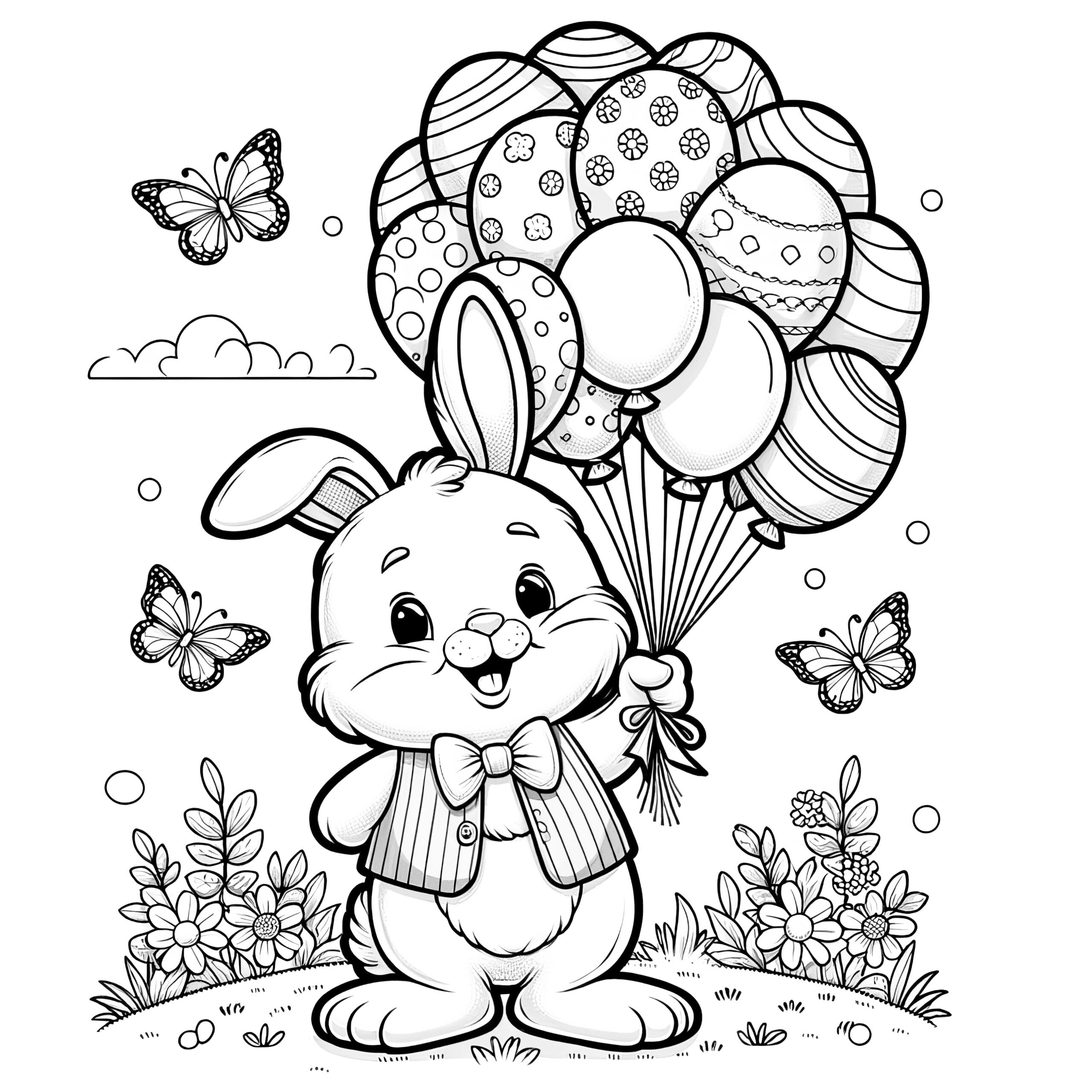 Stylish Easter Bunny With Balloons And Butterflies Coloring Page For Download Free  Stylish Easter Bunny With Balloons And Butterflies Coloring Page For Download Free