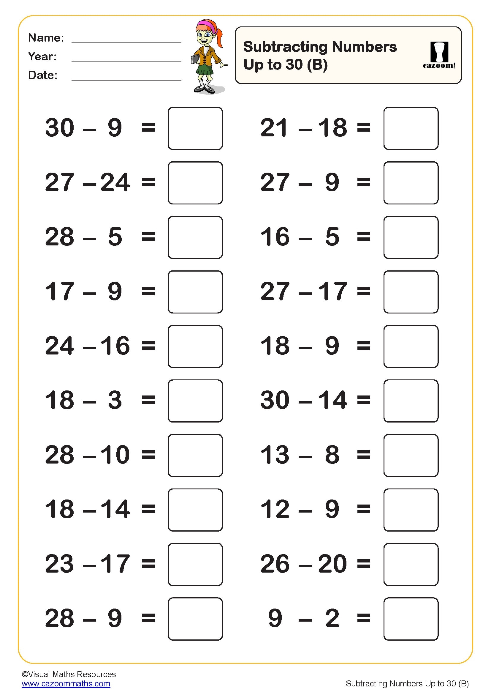 Subtracting Numbers Up To 30 C Worksheet PDF Printable Subtraction Worksheets