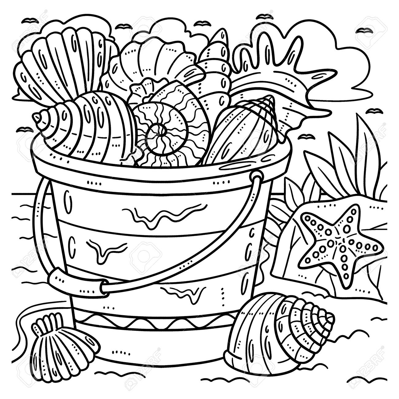 Summer Bucket Of Sea Shells Coloring Page For Kids Royalty Free SVG Cliparts Vectors And Stock Illustration Image 198331293  Summer Bucket Of Sea Shells Coloring Page For Kids Royalty Free SVG Cliparts Vectors And Stock Illustration Image 198331293