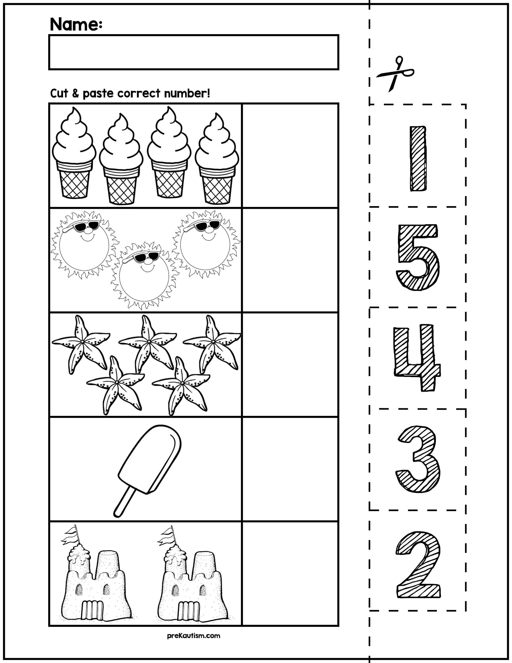 Summer Objects Cut Match Worksheets Numbers 1 5 By PreKautism