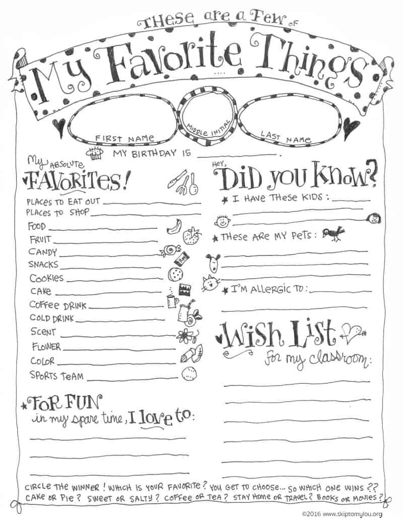 Free Printable My Favorite Things Worksheet