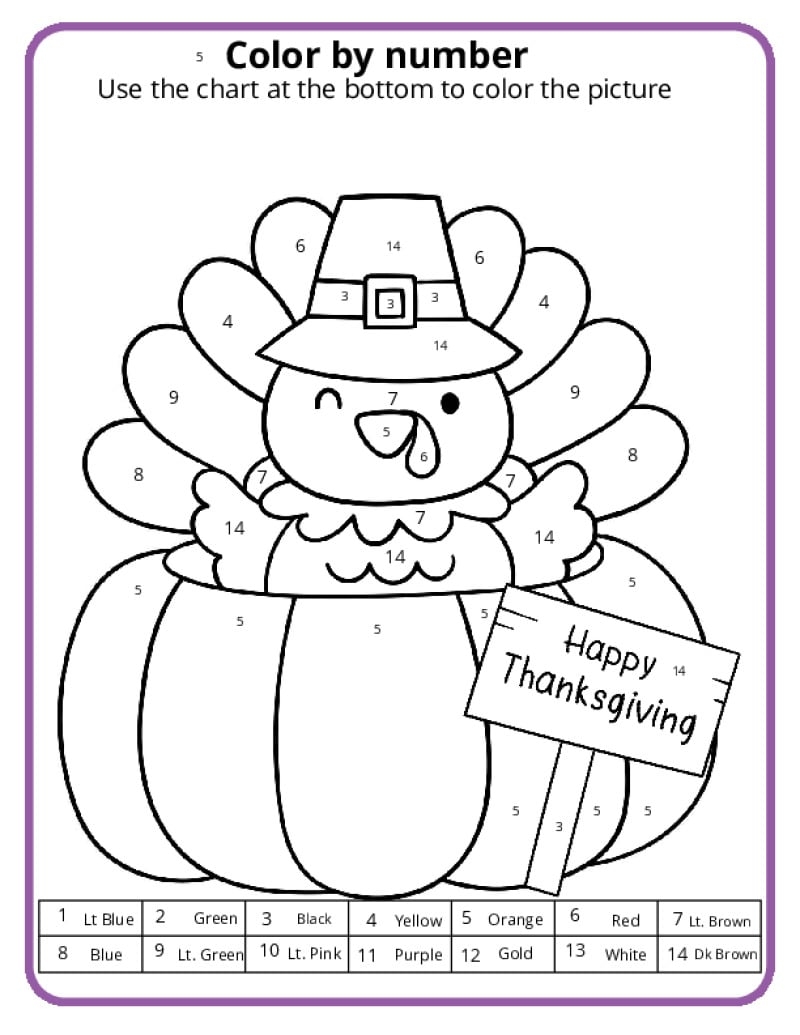 Thanksgiving Color By Number Pages K12 Math Worksheets