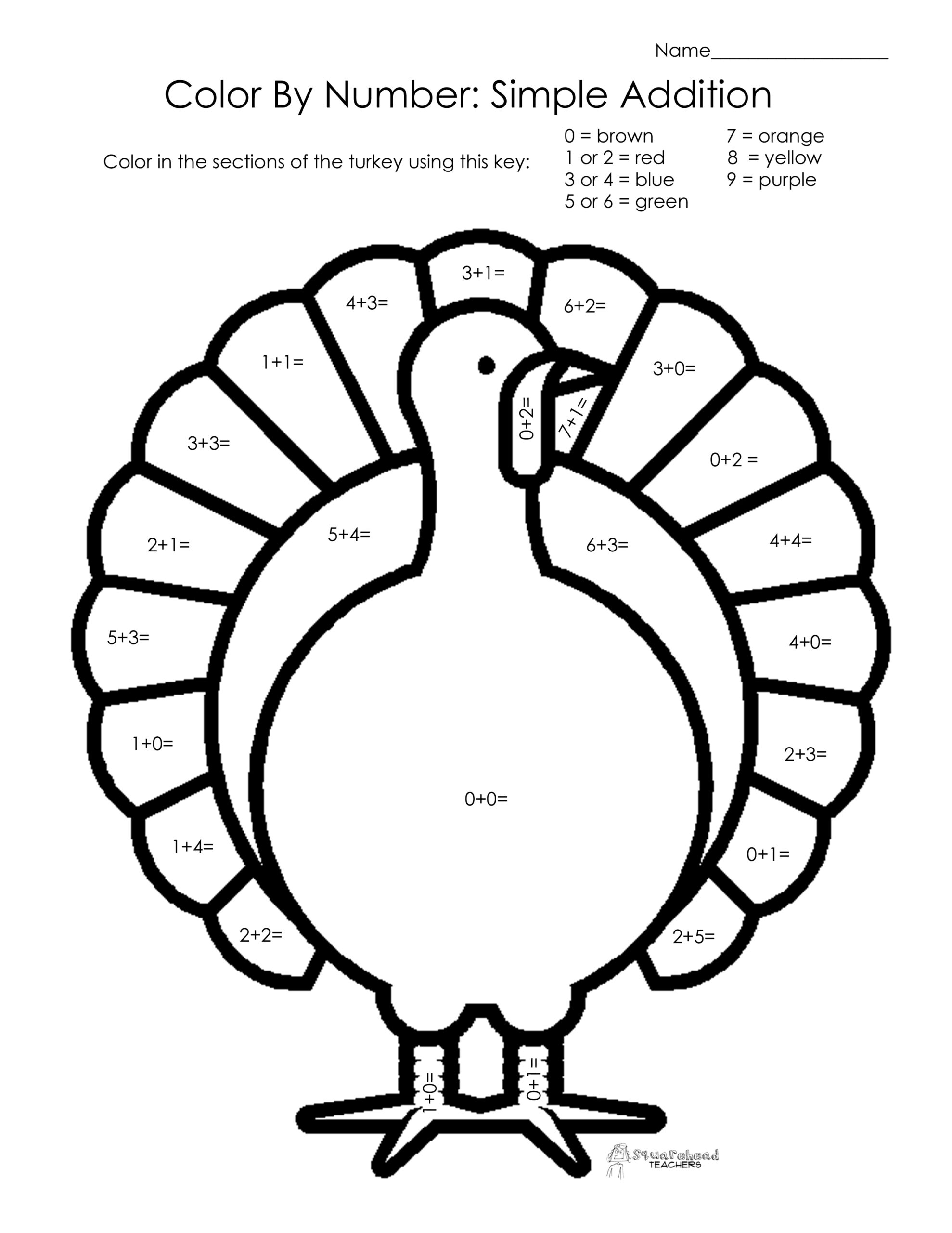 Thanksgiving Color By Number Simple Addition Squarehead Teachers Worksheets Library
