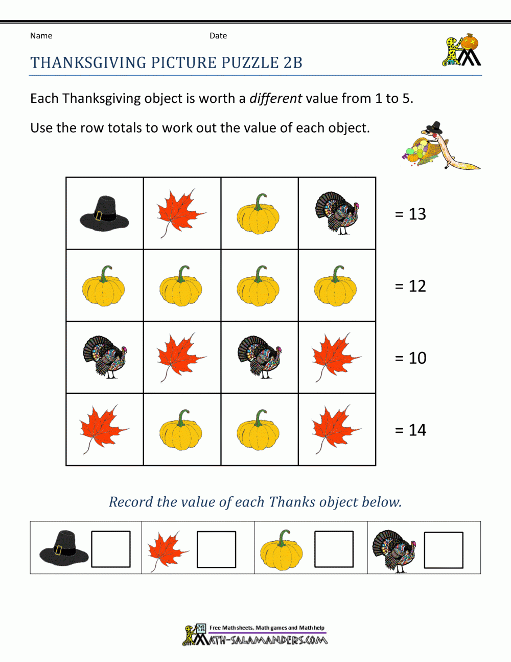 Free Thanksgiving Math Worksheets