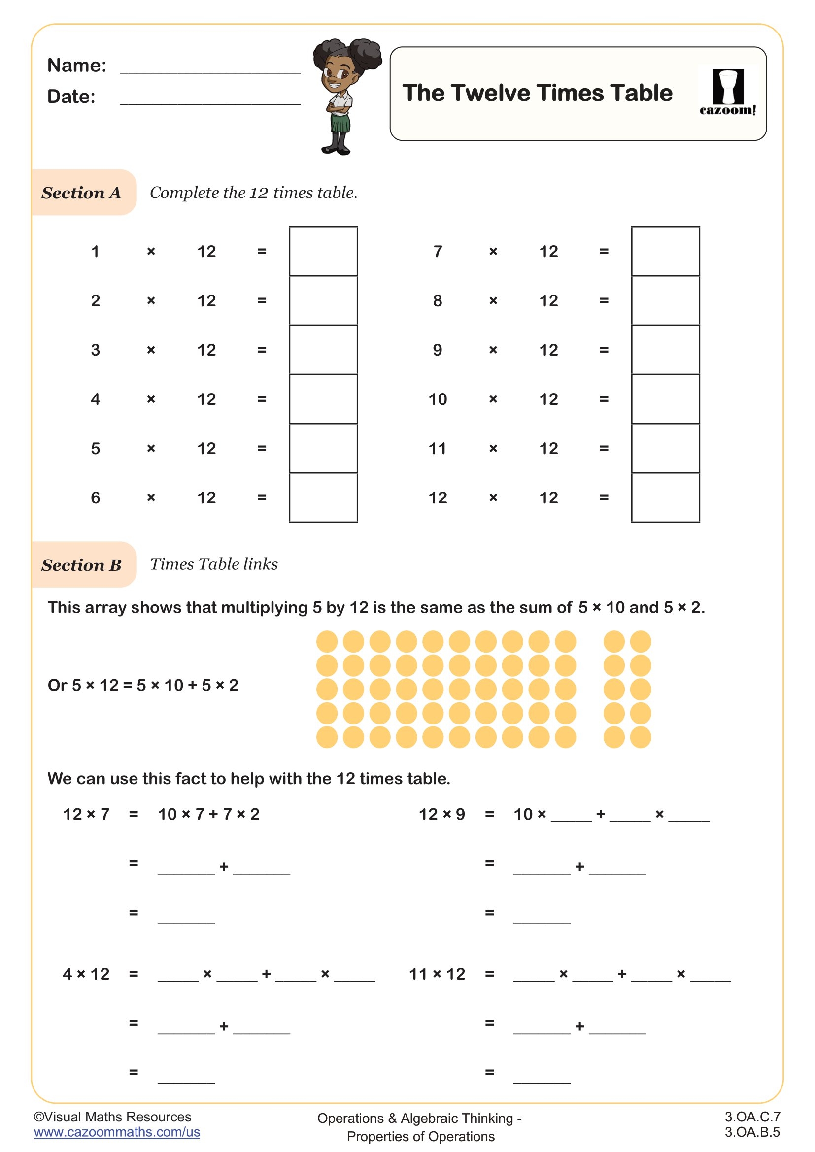 The 12 Times Table Worksheet Fun And Engaging 3rd Grade Operations Algebraic Thinking Worksheet Cazoom Math