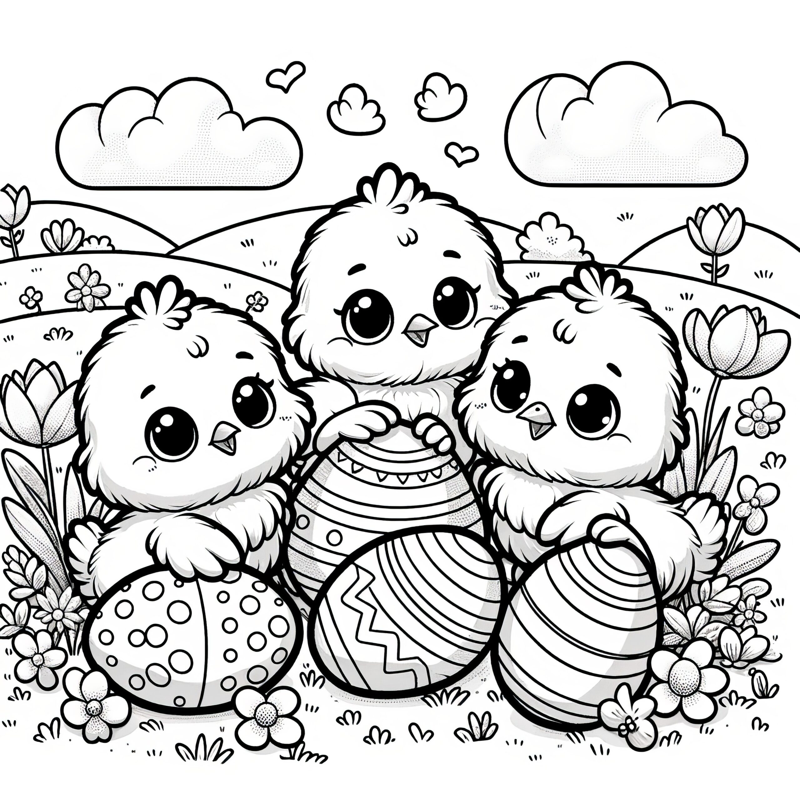 Three Cute Easter Chicks With Easter Eggs Coloring Page Free For Download