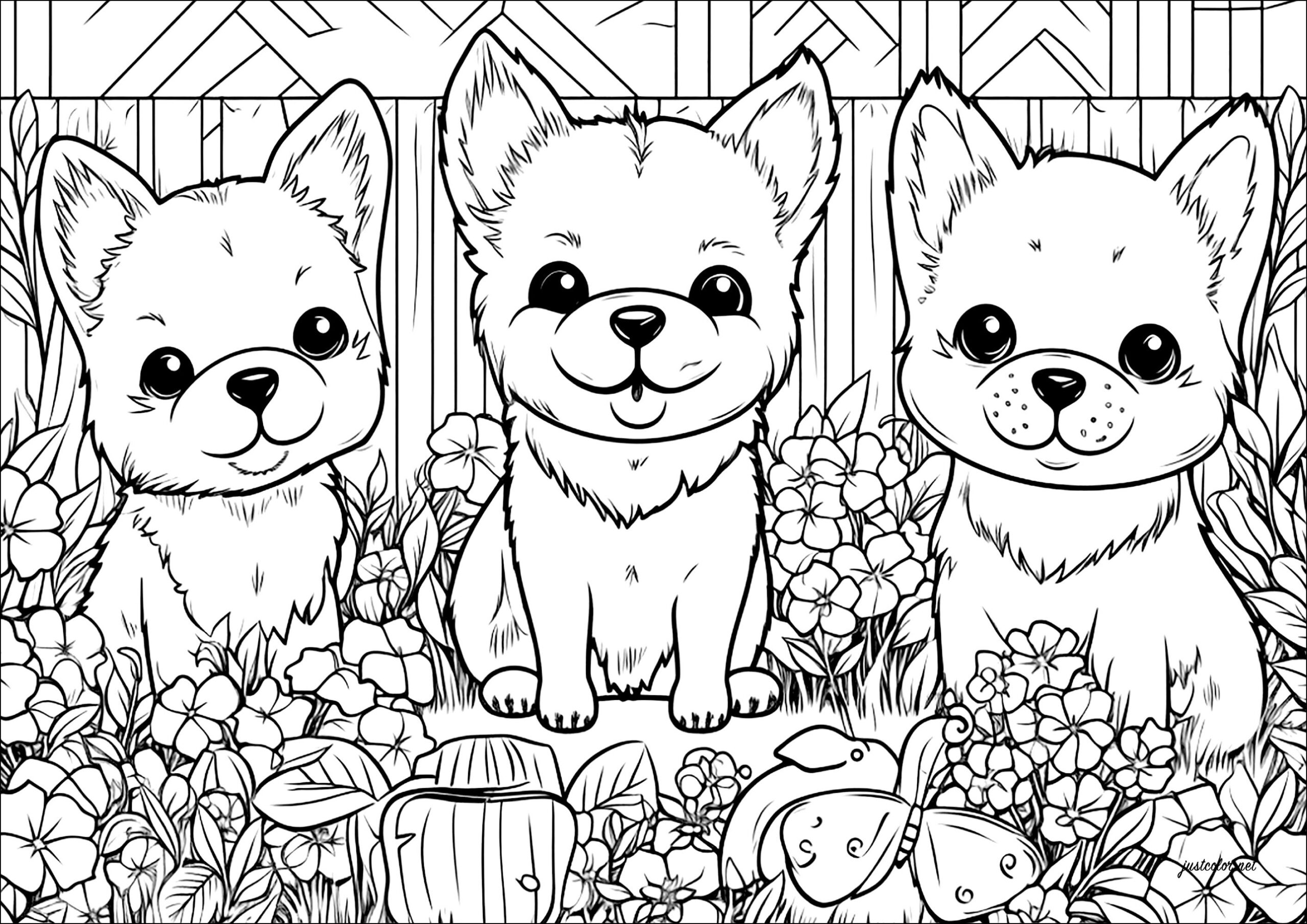 Three Little Dogs In A Flower Garden Dog Coloring Pages For Adults