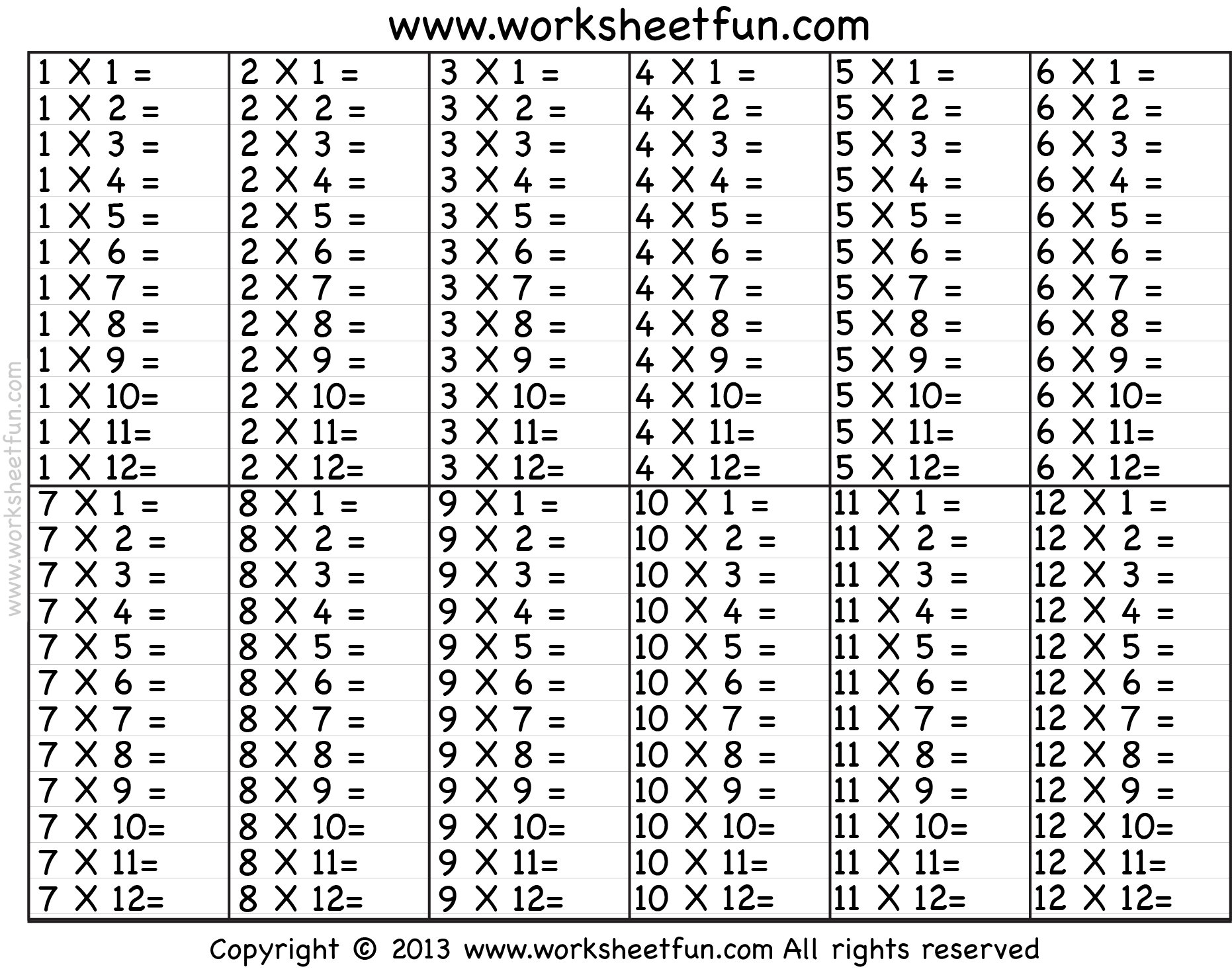 Free Printable Multiplication Worksheets 1-12 Pdf