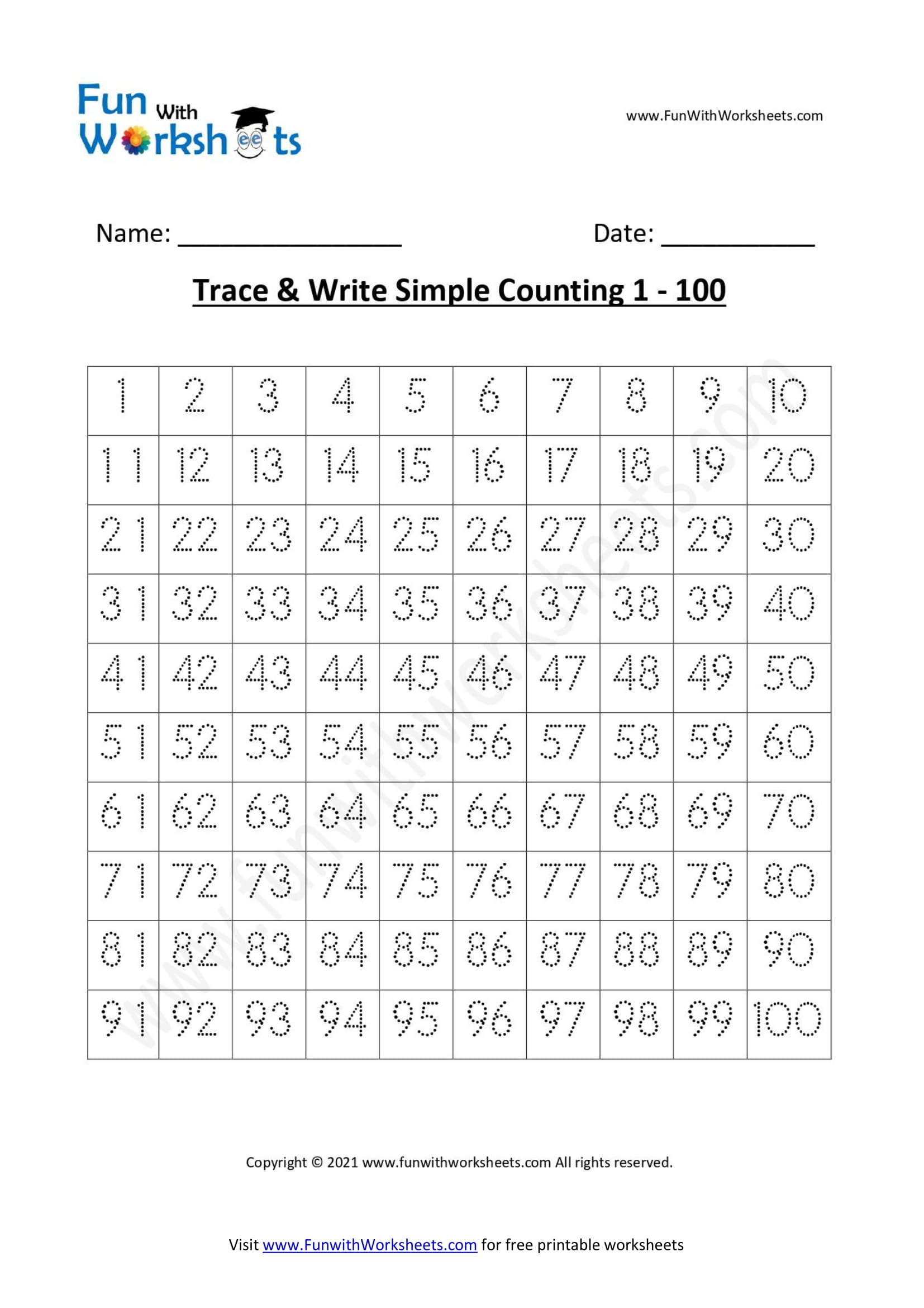 Trace And Learn Simple Counting 1 100 Funwithworksheets Worksheets Library