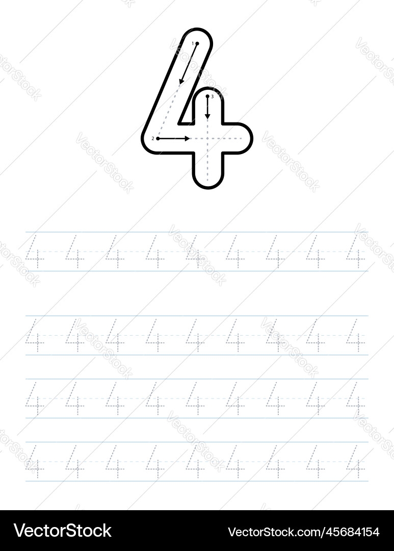 Trace Number 4 Worksheet For Kids Royalty Free Vector Image