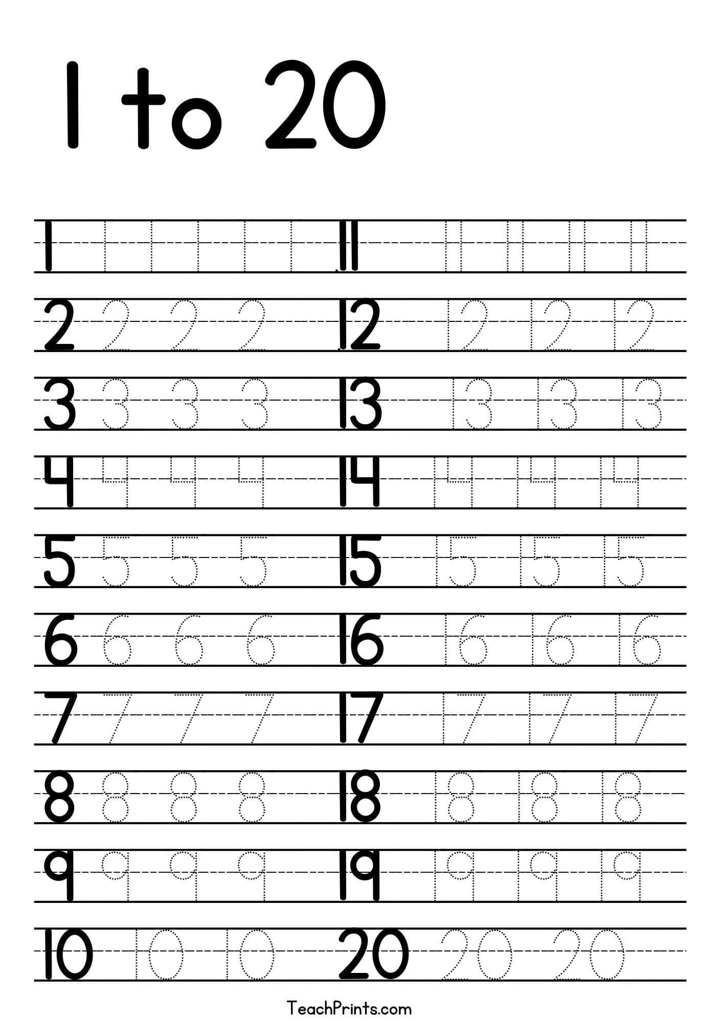 Number Tracing Worksheets 1 20