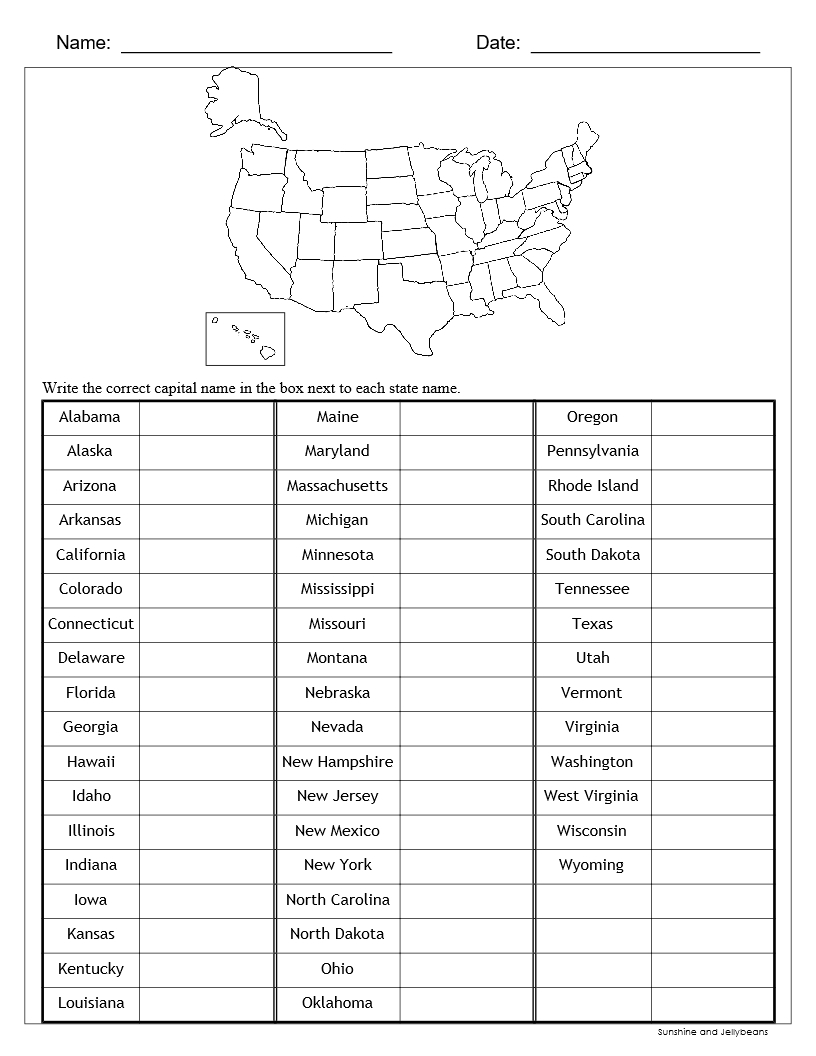 United States Map With Capitals Worksheet