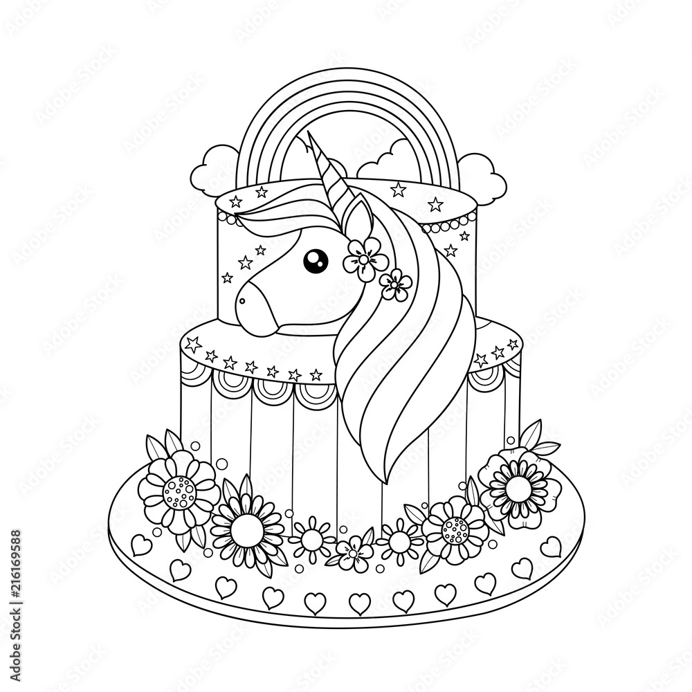 Unicorn Cake Coloring Book For Adult Vector Illustration Handdrawn Doodle Style Stock Vector Adobe Stock