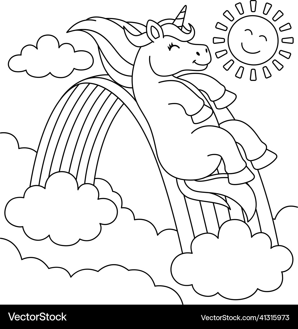 Unicorn Sliding Over The Rainbow Coloring Page Vector Image