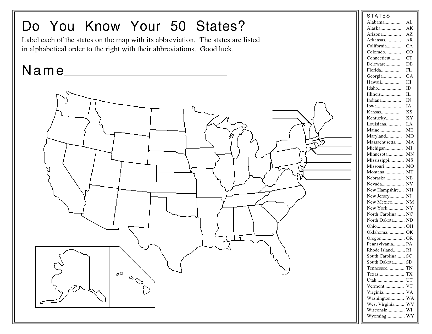 map of the united states worksheet