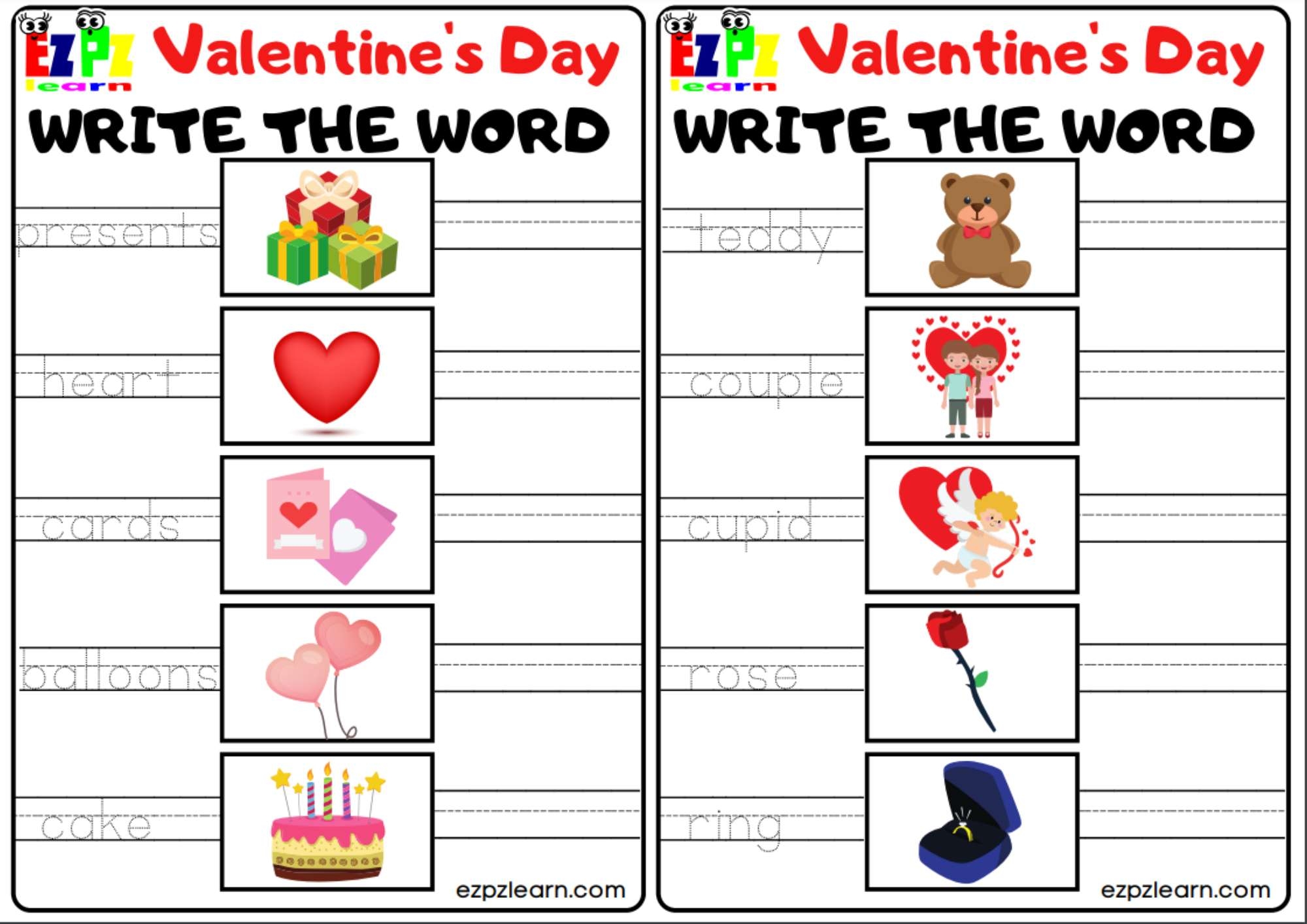 Valentines Day Holiday Write The Word Free PDF Worksheet Download Ezpzlearn