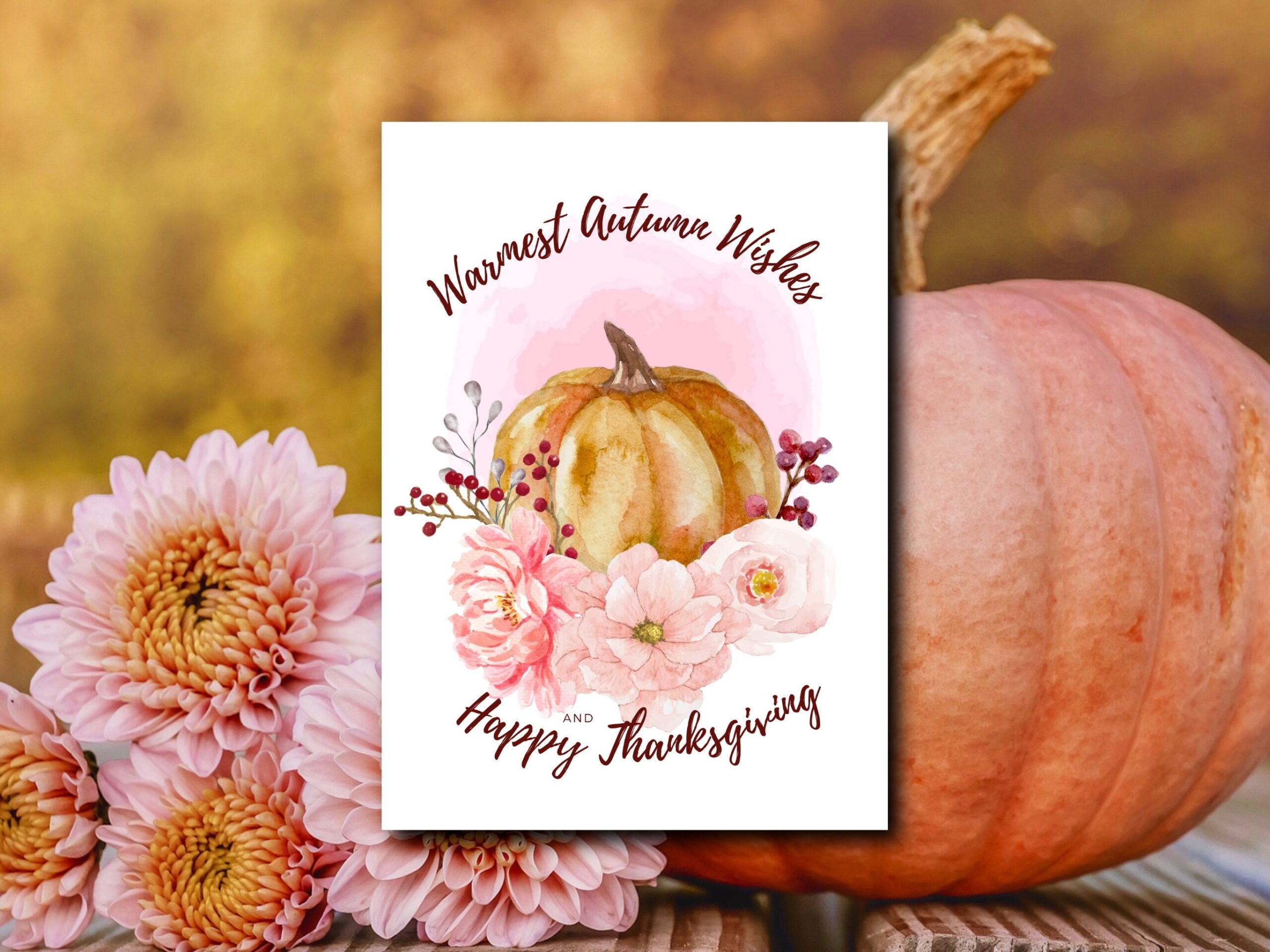 Warmest Autumn Wishes And Happy Thanksgiving Greeting Card Autumn Fall Pink Watercolor Pumpkin Spice Etsy