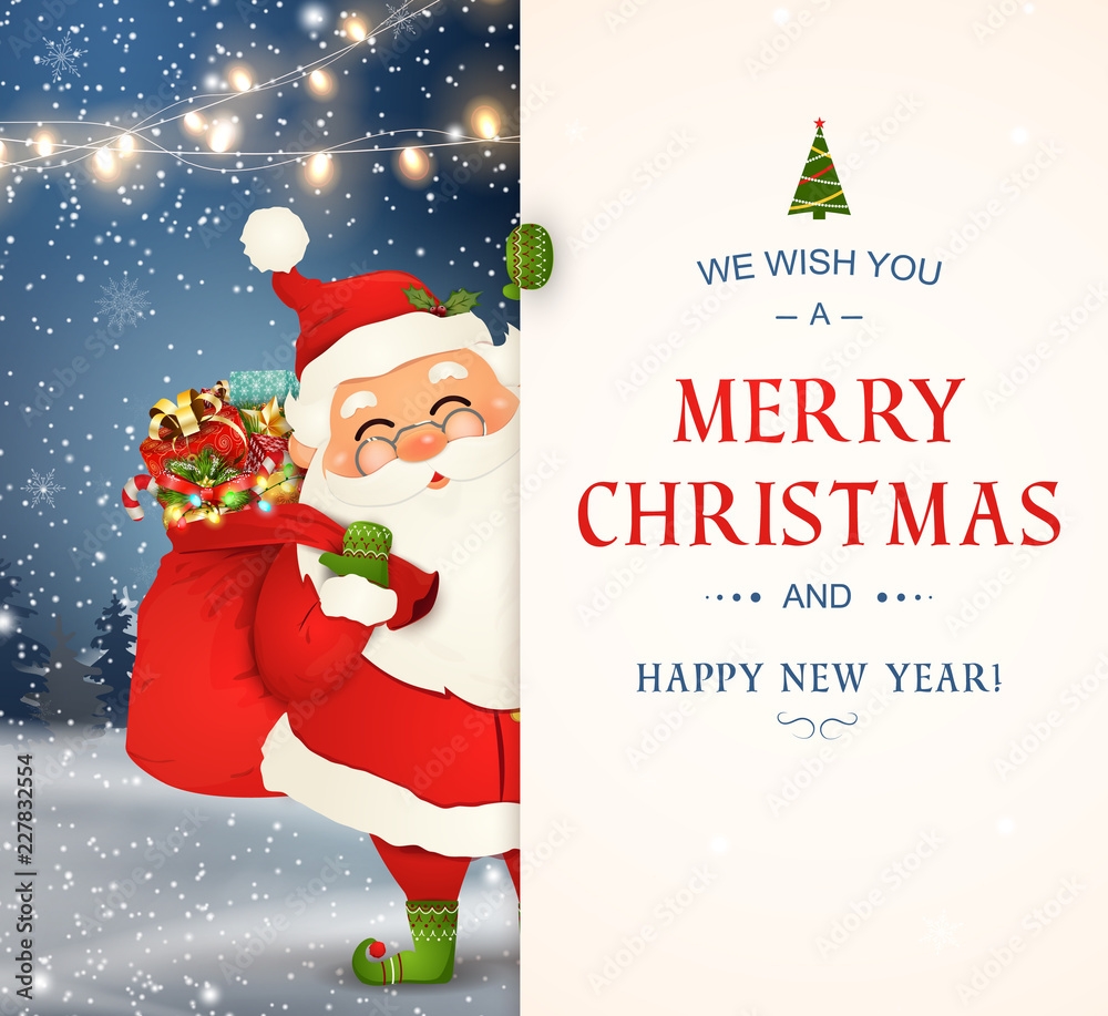 We Wish You A Merry Christmas Happy New Year Santa Claus Character With Big Signboard Merry Santa Clause With Jingle Bell Holiday Greeting Card With Christmas Snow Isolated Vector Illustration Stock Vector 