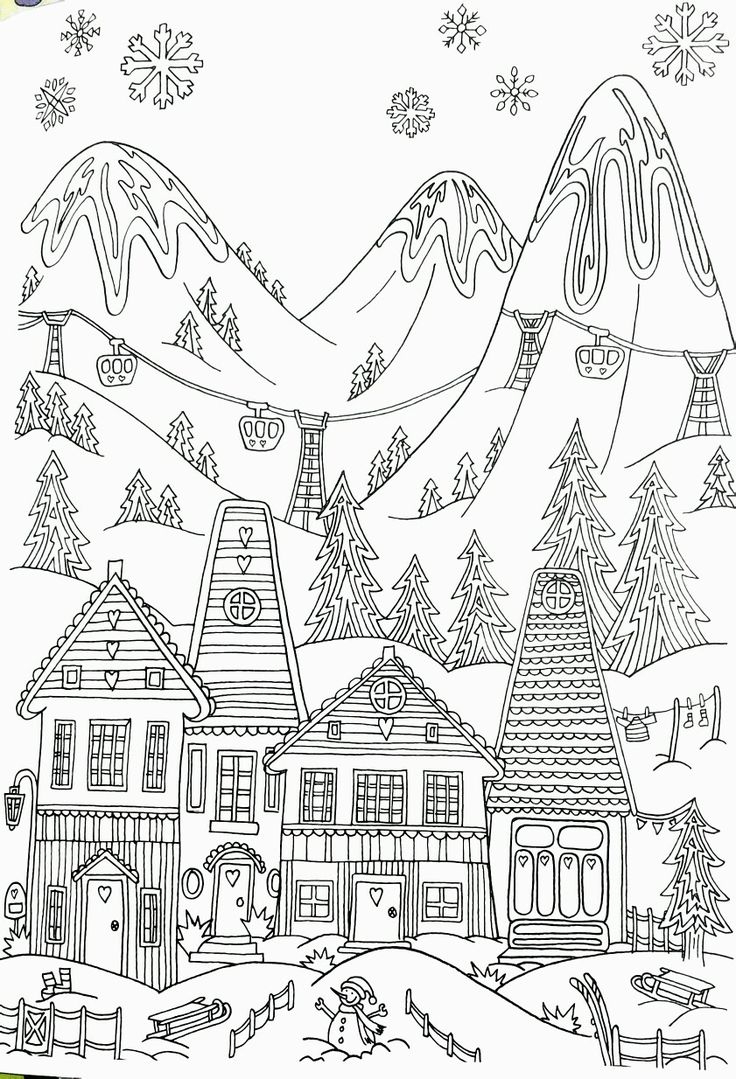 Whimsical Winter Ski Resort Adult Coloring Page