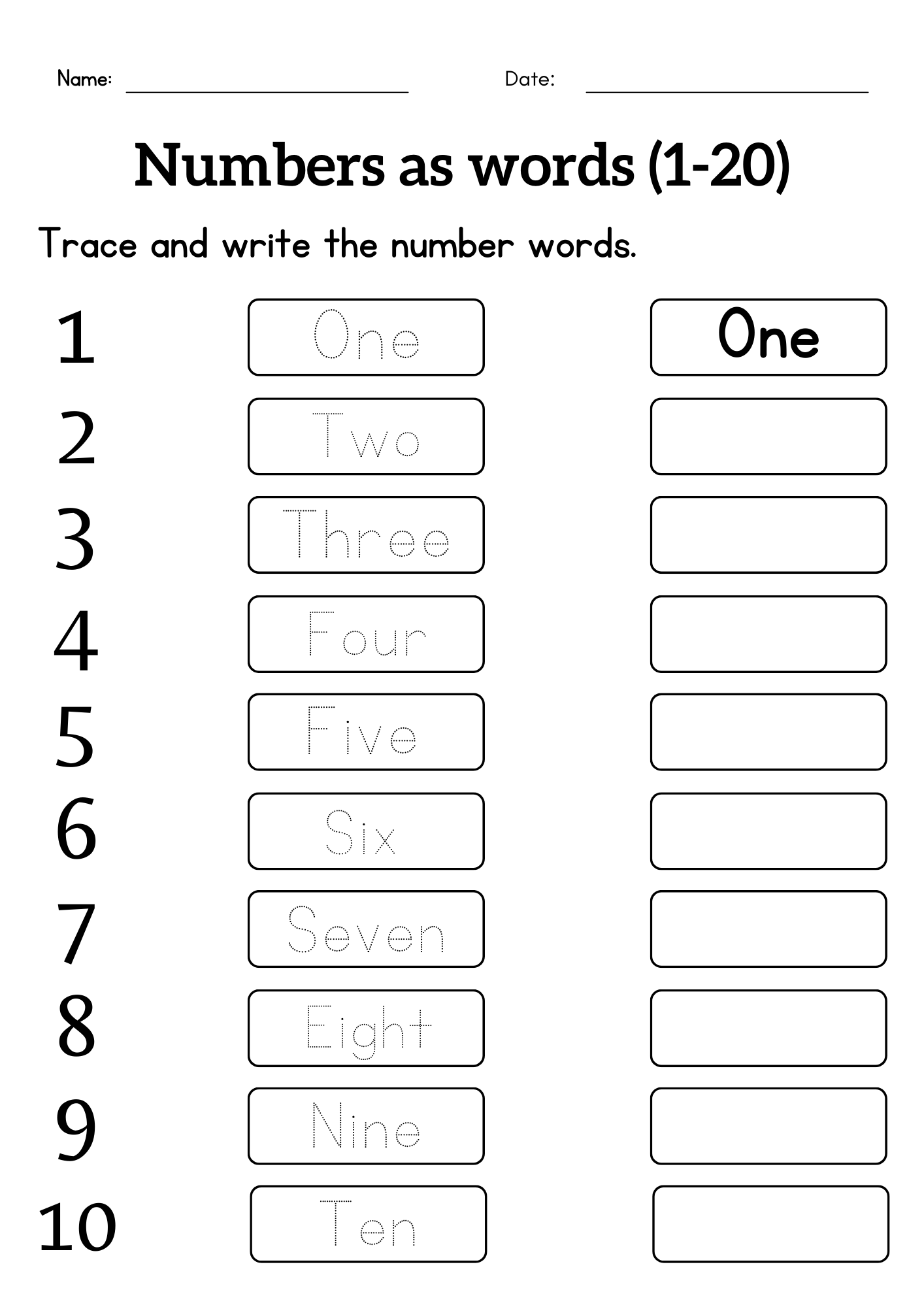 number identification worksheets 1 20